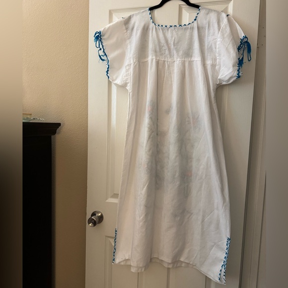 Mexican Style Hand Embroidered Dress - White  with Floral Accents - Picture 4 of 7